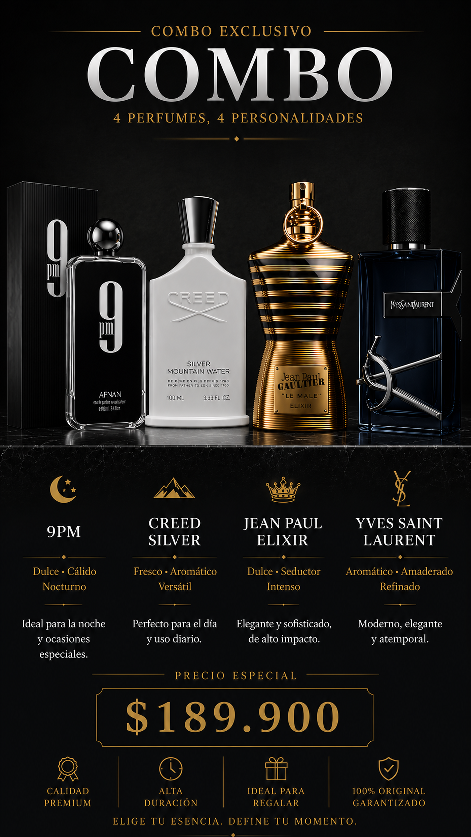 Combo 9 PM - CREED SILVER - JEAN PAUL ELIXIR - YVES SAINT LAURENT