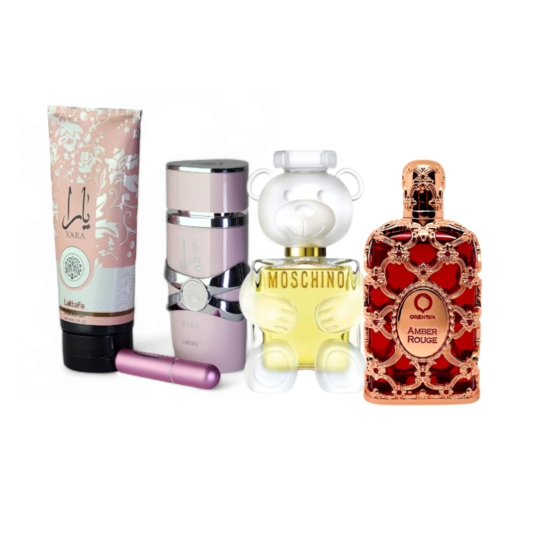 Yara con crema, Moschino toy2, Orientica Rouge + Obsequio perfumero de 5 ml