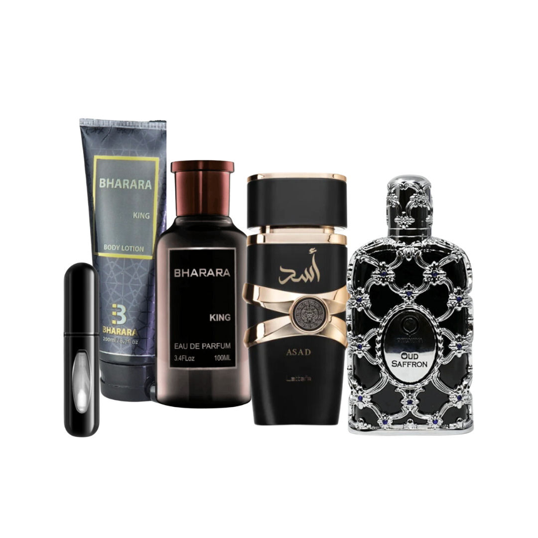 Perfume Bharara king con crema, Asad de lataffa, orientica Saffron + Obsequio perfumero de 5 ml